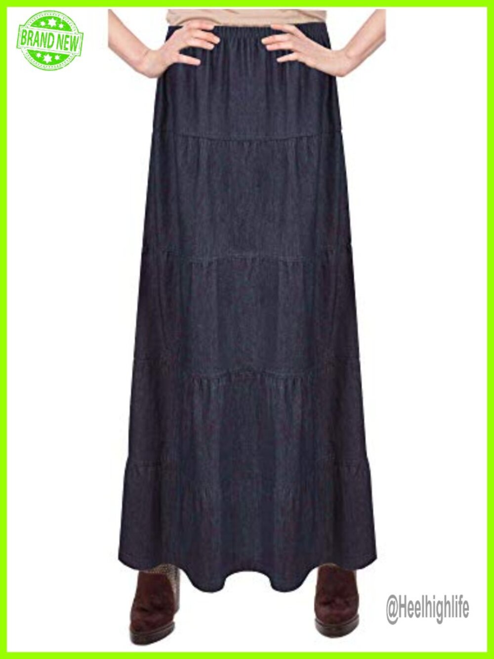 100% Cotton Tiered Ankle Length Denim Prairie Skirt Hidden Elastic Waist